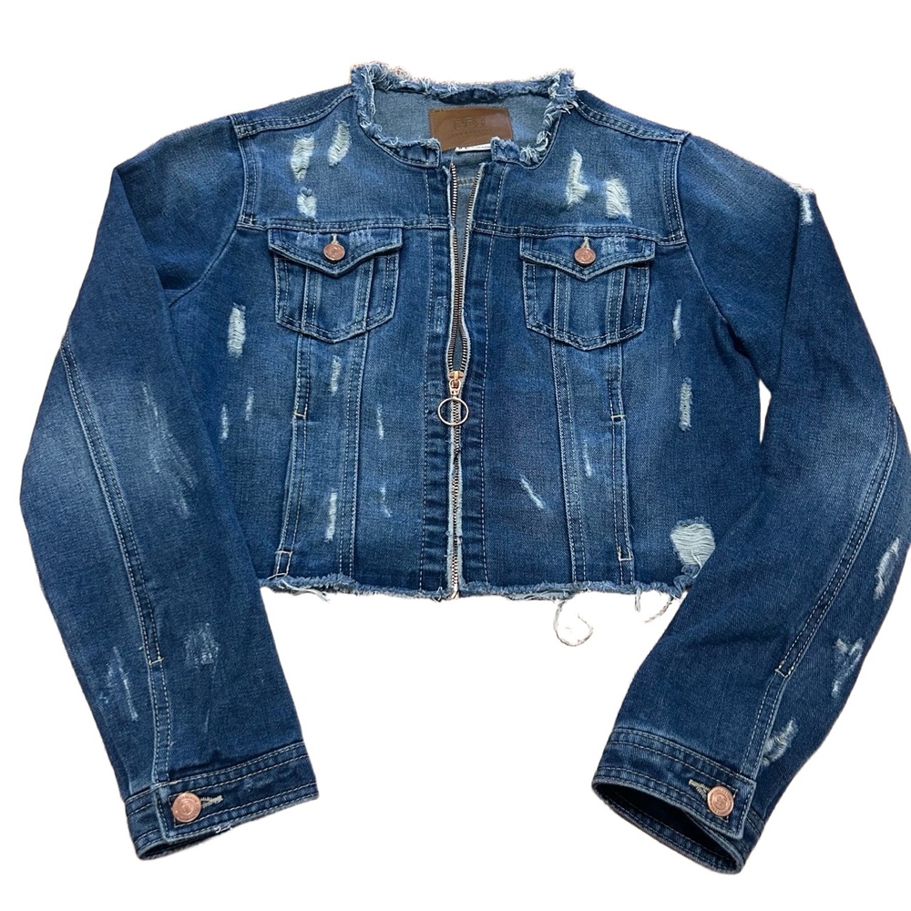 BBJ Los Angeles Womens Large Denim Jacket Distressed Denim Cropped Frayed Edgy